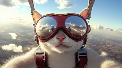 A cat enjoys a thrilling skydive, wearing goggles and harness as it soars above fluffy clouds on a sunny day