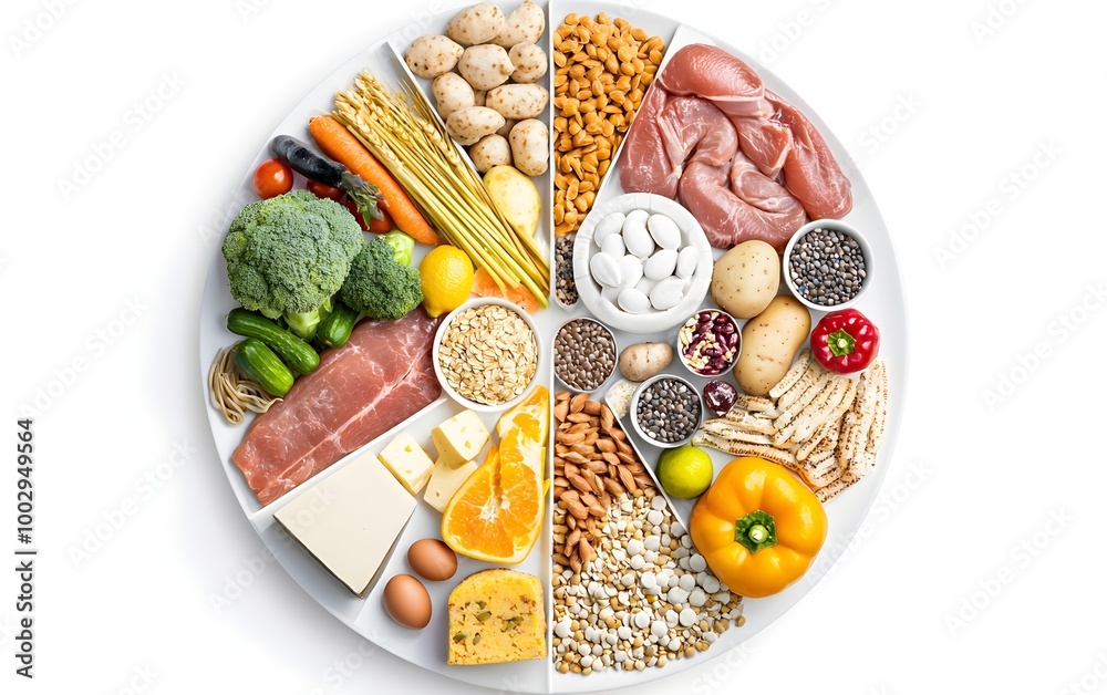Top view of a segmented plate showcasing a balanced diet with fruits ...