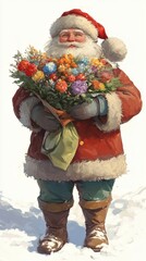 Wall Mural - Santa Claus holding a vibrant bouquet of flowers while standing in a snowy landscape during the holiday season. Vertical photo