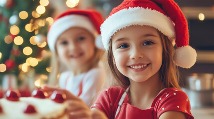 Girls in Santa Hats Baking Christmas Cake in Kitchen, Festive Holiday Preparation with Smiles and Fun.