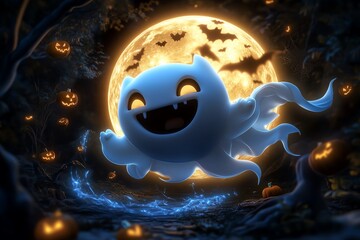 Poster - A magical ghostly figure in a fantasy Halloween realm, where enchanted spirits fly through the air under the light of a giant, glowing moon