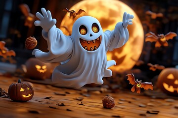 Poster - A magical ghostly figure in a fantasy Halloween realm, where enchanted spirits fly through the air under the light of a giant, glowing moon