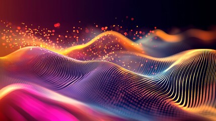 Poster - Abstract colorful wave background with glowing particles flowing and forming a digital landscape. Perfect for any project needing a futuristic and technological look