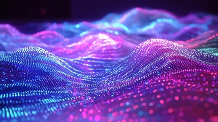 Poster - Glowing particles in blue, pink, and purple create a modern wave background perfect for tech and innovation concepts. Ideal for wallpapers and banners, capturing a futuristic and creative essence
