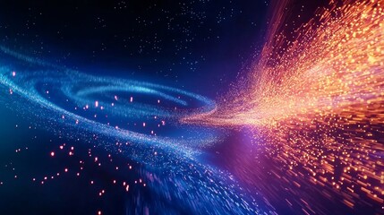 Poster - Abstract blue and orange particles flowing in a spiral shape on a dark background, creating a sense of movement and energy