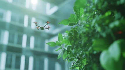 Drone flying near building with greenery