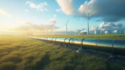 A pipeline stretches through a green landscape with wind turbines and storage tanks in the background.