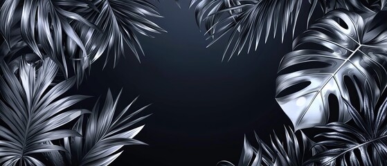 Wall Mural - A dark, moody background with silver metallic tropical leaves.