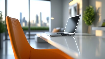 Setup of a modern home office with an orange desk and chair