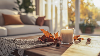 Wall Mural - Comfortable Living Room with Candle and Autumn Leaves on Wooden Table