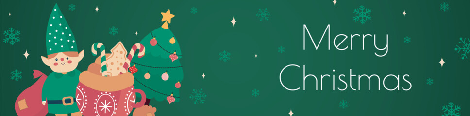 Poster - Merry Christmas banner design. Xmas party invitation template with festive pine tree with balls, cute elf, gift bag, cocoa cup with gingerbread and striped candies, snowflake fly. Vector illustration.