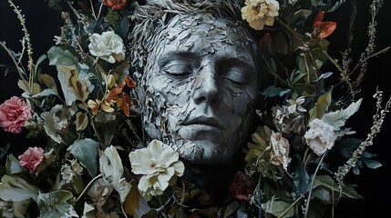 Sticker - Surreal Portrait with Floral Arrangement: A Study in Beauty and Decay