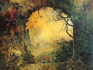 Wall Mural - A Dreamy Cityscape Through a Forest Clearing