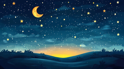 Wall Mural - Hand drawn cartoon beautiful night starry sky scenery illustration background. Starry Night Sky. Illustration