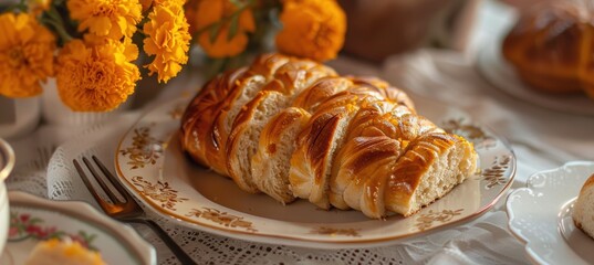 Elegant Pan de Muerto Slices with Marigold Flowers for Upscale Día de los Muertos Dinner Setting