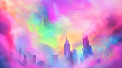 abstract colorful background - a vibrant and colorful digital artwork depicting a city skyline. The buildings are silhouetted against a sky filled with swirling clouds in a spectrum of colors