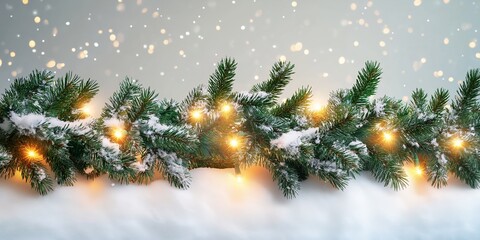 Wall Mural - Snow-covered evergreen branches with warm lights against a snowy, bokeh background.