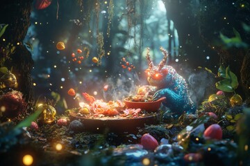 Wall Mural - A mystical creature gathers colorful fruits in an enchanted forest. This vivid artwork brings nature alive through imagination and creativity. Generative AI