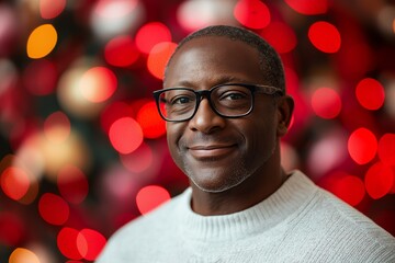 Poster - A smiling man wearing glasses with a blurred red and orange background.