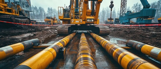 Oil and gas pipes on the ground during construction work in a Russian river landscape