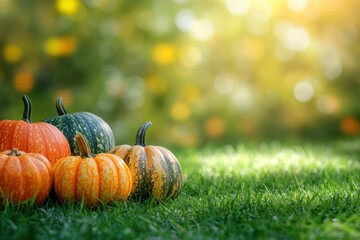 vibrant pumpkins and gourds on grass, autumnal harvest banner with room for text