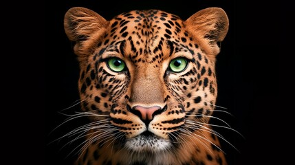 Close up of a leopard's face with green eyes and black spots.