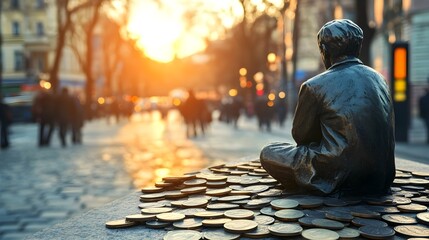 a bronze statue of a person sitting cross-legged on a pile of large coins. The statue is positioned on a street, and the scene is set during sunset, with the sun casting a warm, golden glow across