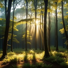 golden sunbeams filter through tall yellow fern trees