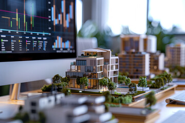 Close-up of a 3D rendering of a housing complex on a computer screen economic growth charts beside