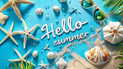 Wall Mural - A sign that says Hello Summer is on a beach