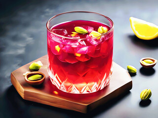 Refreshing hibiscus drink with rose, pistachios and lemon in elegant glasses on a dark background