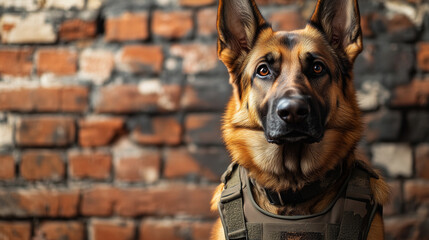 A German Shepherd dog wearing a military vest against a brick wall background, with copy space for a concept related to special forces army training.