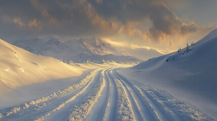 Wall Mural - Snowy Mountain Road at Sunset: A Breathtaking Winter Landscape