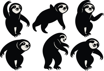 Wall Mural - Cartoon vector black sloths silhouette clipart