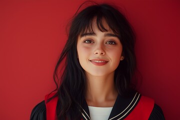 Wall Mural - Young woman with long dark hair and a red jacket smiling against a red background.