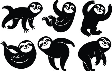 Wall Mural - Cartoon vector black sloths silhouette clipart