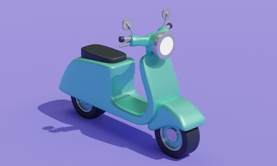 A retro blue scooter with minimalistic design on a purple background. 3d rendering 