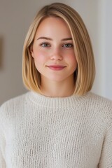 Smiling young woman with bob hairstyle in cozy sweater, indoor setting.