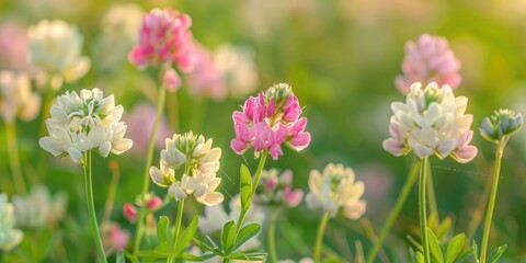 Crown vetch Securigera varia featuring white and pink blossoms.