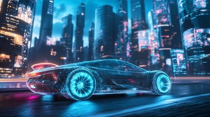 Wall Mural - Futuristic car with glowing wheels driving through a neon cityscape.