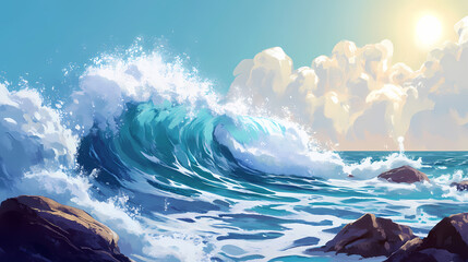 Painting of a wave breaking on a rocky shore with a sun shining. Rocky Shore. Illustration