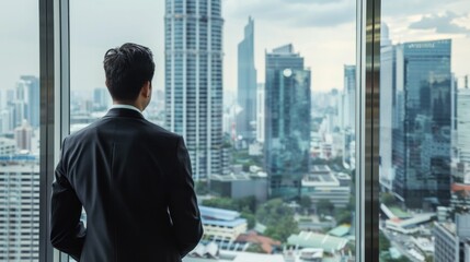 Businessman in suit looking out of the window at modern city skyline. Corporate leadership and business growth concept.