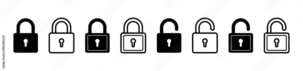 Black isolated icon of locked and unlocked lock on white background ...
