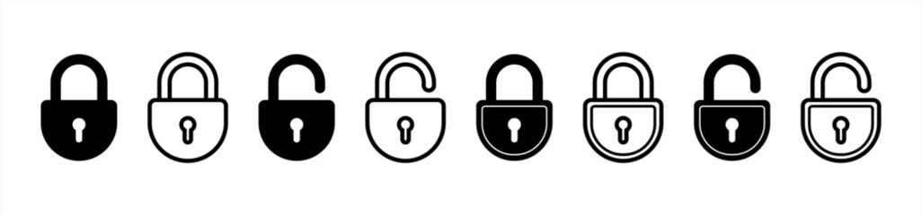 Poster - Lock icon collection. Locked and unlocked black line icon set. Flat security symbol. Lock symbol isolated on white background. Padlock symbol. Privacy symbol vector 10 eps.