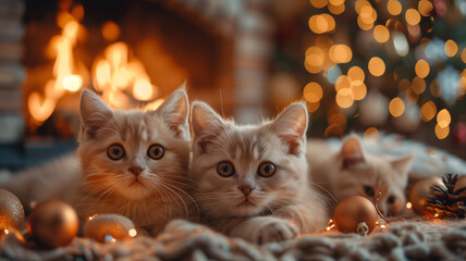 Wall Mural - Cute kittens during Christmas eve at home, Xmas and holidays concept.