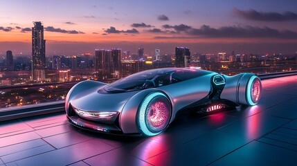 Wall Mural - Futuristic concept car parked on a rooftop overlooking a city skyline at dusk.