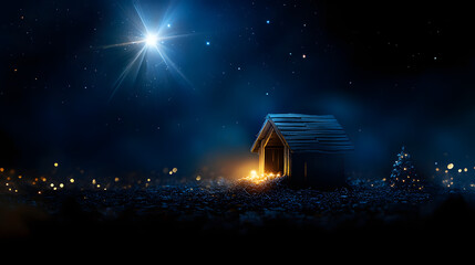 Wall Mural - christian christmas concept. birth of jesus christ. wooden manger in dark blue night. banner, copy s