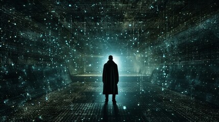 Silhouette of a Man in Futuristic Digital Landscape Filled with Glowing Particles and Grids, technology concept