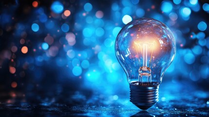 Poster - Glowing Light Bulb Against Blue Bokeh Background