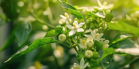 Detailed view of blossoming white blooms and small green pepper fruits developing and maturing from the flower of a pepper plant in a sunlit indoor garden.